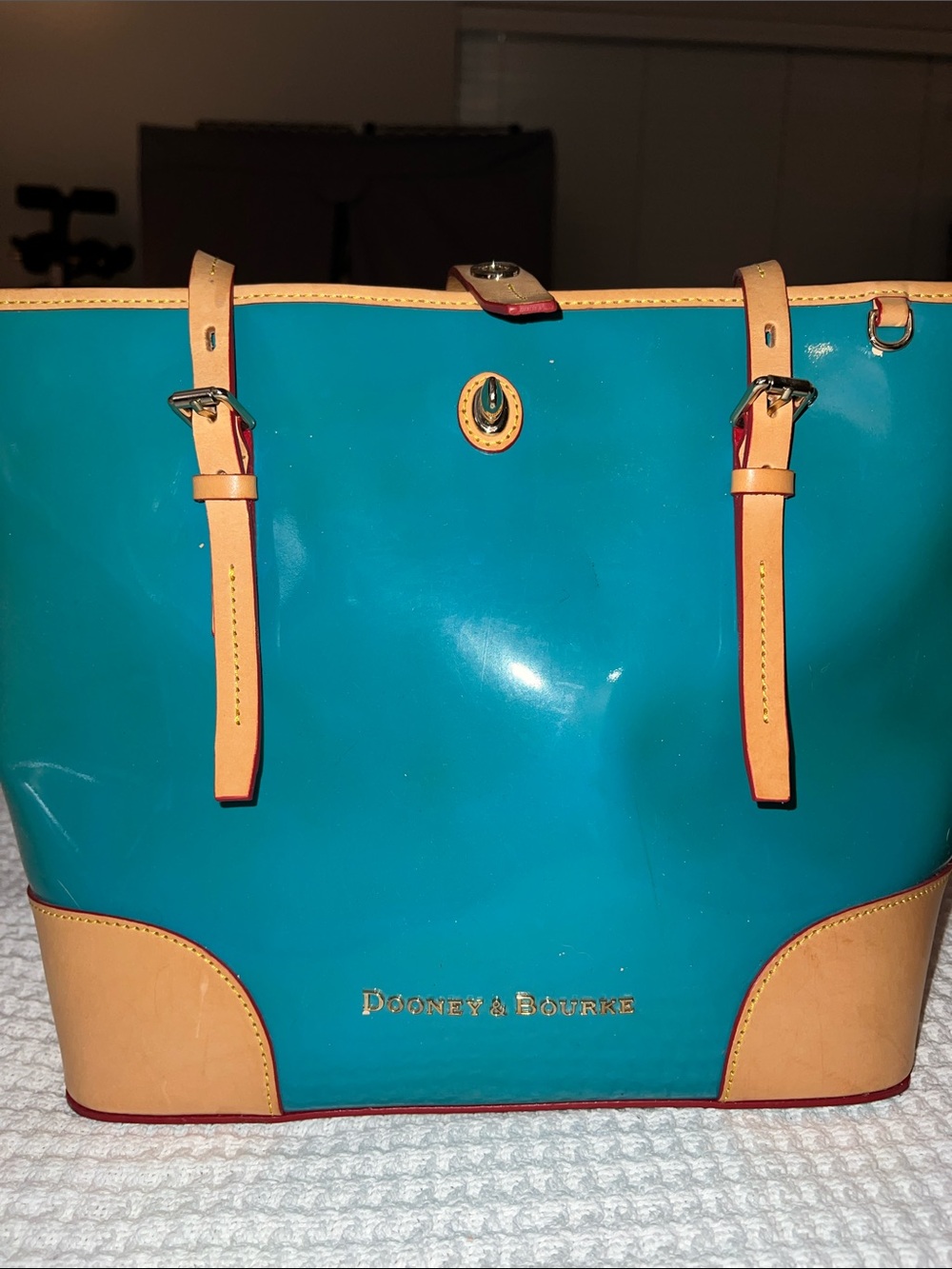 Dooney & Bourke Teal Patent Tote with Tan Trim